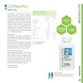 59PRODUCTOS
TABLA NUTRIMENTAL
Tamaño de la porción: 3 tableta
Por 3
tabletas
Venezuela
% IDR
Contenido
Energético 5,1 kcal
Proteínas 0,g
Grasas 0g
Carbohidratos 1,2g
Sodio 0mg
Calcio 650mg 65,0
Magnesio 325mg 81,3
Zinc 10mg 66.7
Manganeso 2,5mg 45,5
Recupera el calcio.
Cal Mag Plus
Complemento alimenticio que ofrece un
aporte balanceado de calcio y magnesio,
además de otros minerales como zinc, cobre
y manganeso. Contiene también el exclusivo
ConcentradodeAlfalfaNUTRILITE™. Contiene
carbonato de calcio y óxido de magnesio,
ambos minerales favorecen el bienestar de
músculos, huesos y nervios. Investigaciones
recientes indican que complementar por
separado calcio y magnesio puede reducir
el efecto de uno sobre el otro. Por eso, es
recomendable consumirlos simultáneamente
en una fórmula balanceada.
BENEFICIOS
Complementa de manera equilibrada los
requerimientos diarios de calcio y magnesio,
así como de otros minerales esenciales para
una óptima salud.
Deorigennatural,susingredientesestánlibres
de contaminación y son fácilmente tolerables
por el organismo. Su cubierta especial facilita
la digestión y además conserva los nutrientes
hasta el momento en que son consumidos.
USUARIOS POTENCIALES
Ideal para aquella persona que tenga un
bajo consumo de alimentos ricos en calcio
como productos lácteos y vegetales verdes.
Sea intolerante a la lactosa y deje fuera de
su dieta este importante mineral. Requiera
un aporte extra de calcio por encontrarse en
determinada etapa de su vida. Es el caso de
niños, adolescentes y adultos mayores.
No. de Artículo: 5880
Cont. 250 tabletas
USO SUGERIDO
Tres tabletas al día.
IDEAL PARA
Cualquier persona que tenga entre 20
y 30 años, principalmente mujeres.
2 FUENTES
NATURALES DE
CALCIO
ENRIQUECIDO
CON ZINC
Y COBRE
CON VITAMINA D
QUE FAVORECE
LA ABSORCIÓN
DEL CALCIO
VI
MI
 