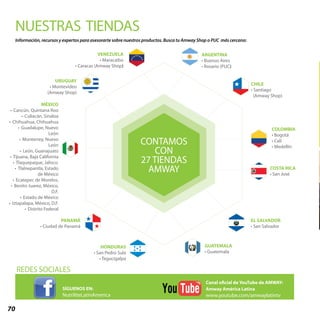 70
NUESTRAS TIENDAS
REDES SOCIALES
SÍGUENOS EN:
NutriliteLatinAmerica
Información, recursos y expertos para asesorarte sobre nuestros productos. Busca tu Amway Shop o PUC más cercano:
CONTAMOS
CON
27 TIENDAS
AMWAY
PANAMÁ
• Ciudad de Panamá
GUATEMALA
• Guatemala
COLOMBIA
• Bogotá
• Cali
• Medellín
URUGUAY
• Montevideo
(Amway Shop)
HONDURAS
• San Pedro Sula
• Tegucigalpa
COSTA RICA
• San José
EL SALVADOR
• San Salvador
VENEZUELA
• Maracaibo
• Caracas (Amway Shop)
MÉXICO
•	Cancún, Quintana Roo
•	Culiacán, Sinaloa
•	Chihuahua, Chihuahua
•	Guadalupe, Nuevo
León
•	Monterrey, Nuevo
León
•	León, Guanajuato
•	Tijuana, Baja California
•	Tlaquepaque, Jalisco.
•	Tlalnepantla, Estado
de México
•	Ecatepec de Morelos,
•	Benito Juarez, México,
D.F.
•	Estado de México
•	Iztapalapa, México, D.F.
•	Distrito Federal
ARGENTINA
• Buenos Aires
• Rosario (PUC)
CHILE
• Santiago
(Amway Shop)
Canal oficial de YouTube de AMWAY:
Amway América Latina
www.youtube.com/amwaylatintv
 