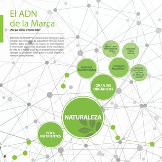 8
El ADN
de la Marca¿Por qué somos la marca líder?
ElADNdeNUTRILITE™secomponeporelementosque
integran los conceptos de naturaleza, ciencia y Salud
Óptima. Estos conectan los logros en investigación
e innovación que se han alcanzado en la trayectoria
de vida de la marca y nos da un propósito incansable:
Otorgar un programa total para la Salud Óptima a
nuestros consumidores.
RANCHO
NUTRILITE™
MÉXICO
EL PETACAL,
JALISCO
UBAJARA
CEARÁ,
BRASIL
TROUT LAKE
WASHINGTON,
USA
Granjas
Nutrilite™
Granjas
Sustentables
NATURALEZA
GRANJAS
ORGÁNICAS
FITO-
NUTRIENTES
 