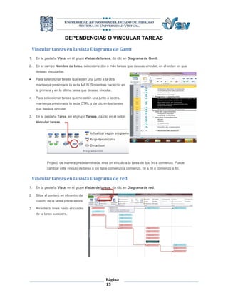 DEPENDENCIAS O VINCULAR TAREAS

    Vincular tareas en la vista Diagrama de Gantt
1.   En la pestaña Vista, en el grupo Vistas de tareas, da clic en Diagrama de Gantt.

2.   En el campo Nombre de tarea, seleccione dos o más tareas que deseas vincular, en el orden en que
     deseas vincularlas.

    Para seleccionar tareas que estén una junto a la otra,
     mantenga presionada la tecla MAYÚS mientras hace clic en
     la primera y en la última tarea que deseas vincular.

    Para seleccionar tareas que no estén una junto a la otra,
     mantenga presionada la tecla CTRL y da clic en las tareas
     que deseas vincular.

3.   En la pestaña Tarea, en el grupo Tareas, da clic en el botón
     Vincular tareas.




            Project, de manera predeterminada, crea un vínculo a la tarea de tipo fin a comienzo. Puede
            cambiar este vínculo de tarea a los tipos comienzo a comienzo, fin a fin o comienzo a fin.


    Vincular tareas en la vista Diagrama de red
1.   En la pestaña Vista, en el grupo Vistas de tareas, da clic en Diagrama de red.

2.   Sitúe el puntero en el centro del
     cuadro de la tarea predecesora.

3.   Arrastre la línea hasta el cuadro
     de la tarea sucesora.




                                                    Página
                                                    15
 