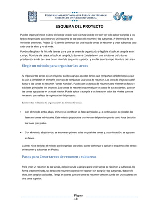 ESQUEMA DEL PROYECTO

Puedes organizar mejor Tu lista de tareas y hacer que sea más fácil de leer con tan solo aplicar sangrías a las
tareas del proyecto para crear así un esquema de las tareas de resumen y las subtareas. A diferencia de las
versiones anteriores, Project 2010 permite comenzar con una lista de tareas de resumen y crear subtareas para
cada una de ellas, y no al revés.

Puedes desglosar la lista de tareas para que se vea más organizada y legible al aplicar sangría en el
campo Nombre de tarea. Al aplicar sangría, la tarea se convierte en una subtarea de la tarea
predecesora más cercana de un nivel de esquema superior. y anular en el campo Nombre de tarea.

    Elegir un método para organizar las tareas

    Al organizar las tareas de un proyecto, puedes agrupar aquellas tareas que compartan características o que
    se van a completar en el mismo intervalo de tiempo bajo una tarea de resumen. Los jefes de proyecto suelen
    llamar a las tareas de resumen "tareas hamaca". Puede usar las tareas de resumen para mostrar las fases y
    subfases principales del proyecto. Las tareas de resumen esquematizan los datos de sus subtareas, que son
    las tareas agrupadas en un nivel inferior. Puede aplicar la sangría a las tareas en todos los niveles que sea
    necesario para reflejar la organización del proyecto.


    Existen dos métodos de organización de la lista de tareas:


     Con el método arriba-abajo, primero se identifican las fases principales y, a continuación, se detallan las

      fases en tareas individuales. Este método proporciona una versión del plan tan pronto como haya decidido

      las fases principales.


     Con el método abajo-arriba, se enumeran primero todas las posibles tareas y, a continuación, se agrupan

      en fases.


    Cuando haya decidido el método para organizar las tareas, puede comenzar a aplicar el esquema a las tareas
    de resumen y subtareas en Project.


    Pasos para Crear tareas de resumen y subtareas

    Para crear un resumen de las tareas, aplica o anula la sangría para crear tareas de resumen y subtareas. De
    forma predeterminada, las tareas de resumen aparecen en negrita y sin sangría y las subtareas, debajo de
    ellas, con sangrías aplicadas. Tenga en cuenta que una tarea de resumen también puede ser una subtarea de
    otra tarea superior.




                                                       Página
                                                       18
 