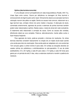 _____________________________________________________________________________________
Prof. Olicies da Cunha, MV, MSc.
UFPR – Campus Palotina
- 46 -
Epífora (dacriocistocromorréia)
É uma afecção comum principalmente em cães braquicefálicos (Poodle, Shih Tzu,
Lhasa Apso entre outros). Ocorre por deficiência na drenagem do filme lacrimal e
extravazamento de lágrima pelo canto nasal. Clinicamente observa-se secreção lacrimal e
coloração marrom dos pêlos na região. Dentre as causas mais comuns, relacionam–se o
lago lacrimal raso, entrópio inferior de canto medial e triquíase. A obstrução do ducto,
comentada anteriormente, agenesia de puncta e estenose de pontos lacrimais também
podem estar relacionados à epífora. Nestes casos, o teste de Jones tem valor excludente.
O tratamento está relacionado à correção da causa. Como as causas são variadas,
dificilmente obtem-se cura completa. Pode-se, alternativamente, manter pêlos curtos e
fazer limpeza freqüente.
Para agenesia de ducto, pode-se proceder a técnicas de neoductos. As várias
técnicas descritas consistem basicamente na criação de um trajeto óculo-nasal usando
uma sonda para leito de cicatrização. Esta sonda pode ser adaptada com uma sonda tipo
Tom cat para gatos e uretral número 6 para cães. Em ambas as situações deverão ser
usados colírios de antibióticos e antiinflamatórios no pós-operatório. O uso de ácido
acetilsalisílico (10 a 20 mg/Kg a cada 8h para cães e 10 mg/Kg a cada 48 horas para
gatos) por um período de até 21 dias, reduz a estenose cicatricial e mantém a patência do
neoducto.
 
