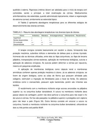 _____________________________________________________________________________________
Prof. Olicies da Cunha, MV, MSc.
UFPR – Campus Palotina
- 56 -
quelóide e edema. Rigorosos critérios devem ser adotados para o início da terapia com
corticóides, sendo o principal, a total cicatrização da córnea. Medicamentos
antiinflamatórios não esteróides, quando administrado topicamente, inibem a regeneração
do estroma corneal, similarmente ao esteroidal tópico.
A Tabela 2 apresenta abordagens terapêuticas para os diferentes estágios de
desenvolvimento das úlceras corneais.
TABELA 2 – Resumo das abordagens terapêuticas nos diversos tipos de úlceras.
Úlcera Antibiótico Midriático Anticolagenolíticos Debridamento Recobrimento
Superficial + + + + -
Bordas desprendidas + + + +++ +/-
Em evolução ++ ++ +++ -- +++
Descemetocele +++ ++ +++ -- +++
A terapia cirúrgica consiste basicamente em recobrir a úlcera, fornecendo boa
proteção mecânica, subsídios tróficos e elementos de defesa para a córnea injuriada.
Inúmeras são as técnicas utilizadas, entre elas os flaps conjuntivais, os flaps de terceira
pálpebra, transposições córneo-esclerais, aplicação de membranas biológicas, suturas e
aplicação de adesivos cirúrgicos. As suturas podem deformar a córnea por repuxá-la,
mesmo em pequenas amplitudes.
A aplicação de membranas biológicas como cápsula renal e membranas
amnióticas conferem apenas proteção mecânica à úlcera. Já os adesivos cirúrgicos, se
forem de origem biológica, como as colas de fibrina que possuem afinidade pelo
colágeno, estimulam a migração de fibroblastos para o local da ferida. Os adesivos
sintéticos como o cianoacrilato, possuem ação bactericida, porém são irritantes aos
tecidos.
O recobrimento com a membrana nictitante exige suturas ancoradas na pálpebra
superior ou na conjuntiva bulbar dorsolateral. A sutura na membrana nictitante deve
passar abaixo da cartilagem, porém não deve perfurar a conjuntiva para não expor o fio
de sutura à córnea. Os fios são passados na pálbebra superior e protegidos com cáptons
para não lesar a pele (Figura 39). Outra técnica consiste em ancorar a sutura na
conjuntiva, fixando a membrana nictitante na conjuntiva bulbar dorsolateral, utilizando-se
dois ou três pontos sob padrão Wolff.
 