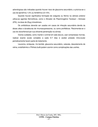 _____________________________________________________________________________________
Prof. Olicies da Cunha, MV, MSc.
UFPR – Campus Palotina
- 67 -
adrenérgicas são indicadas quando houver risco de glaucoma secundário, e prioriza-se o
uso da epinefrina 1-2% ou fenilefrina 2,5-10%.
Quando houver significativa formação de coágulos ou fibrina na câmara anterior
utiliza-se agentes fibrinolíticos, como o Ativador do Plasminogênio Tecidual – Activase
(tPA), na dose de 25µg intracâmara.
Os antibióticos deverão ser usados em casos de infecção secundária devido às
doses altas e duradouras de imunossupressores, ou como profiláticos. Recomenda-se o
uso do cloranfenicol por sua eficiente penetração na córnea.
Outros cuidados, como manter o animal em sala escura, usar compressas mornas,
realizar exame ocular completo a cada 5-7 dias e avaliar pressão intra-ocular
periodicamente fazem parte do tratamento.
Leucoma, sinéquias, íris bombé, glaucoma secundário, catarata, descolamento de
retina, endoftalmite e Phthisis bulbi podem ocorrer como complicações das uveítes.
 