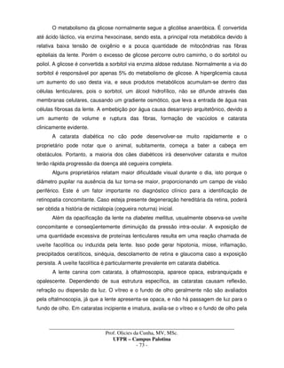 _____________________________________________________________________________________
Prof. Olicies da Cunha, MV, MSc.
UFPR – Campus Palotina
- 73 -
O metabolismo da glicose normalmente segue a glicólise anaeróbica. É convertida
até ácido láctico, via enzima hexocinase, sendo esta, a principal rota metabólica devido à
relativa baixa tensão de oxigênio e a pouca quantidade de mitocôndrias nas fibras
epiteliais da lente. Porém o excesso de glicose percorre outro caminho, o do sorbitol ou
poliol. A glicose é convertida a sorbitol via enzima aldose redutase. Normalmente a via do
sorbitol é responsável por apenas 5% do metabolismo de glicose. A hiperglicemia causa
um aumento do uso desta via, e seus produtos metabólicos acumulam-se dentro das
células lenticulares, pois o sorbitol, um álcool hidrofílico, não se difunde através das
membranas celulares, causando um gradiente osmótico, que leva a entrada de água nas
células fibrosas da lente. A embebição por água causa desarranjo arquitetônico, devido a
um aumento de volume e ruptura das fibras, formação de vacúolos e catarata
clinicamente evidente.
A catarata diabética no cão pode desenvolver-se muito rapidamente e o
proprietário pode notar que o animal, subitamente, começa a bater a cabeça em
obstáculos. Portanto, a maioria dos cães diabéticos irá desenvolver catarata e muitos
terão rápida progressão da doença até cegueira completa.
Alguns proprietários relatam maior dificuldade visual durante o dia, isto porque o
diâmetro pupilar na ausência da luz torna-se maior, proporcionando um campo de visão
periférico. Este é um fator importante no diagnóstico clínico para a identificação de
retinopatia concomitante. Caso esteja presente degeneração hereditária da retina, poderá
ser obtida a história de nictalopia (cegueira noturna) inicial.
Além da opacificação da lente na diabetes mellitus, usualmente observa-se uveíte
concomitante e conseqüentemente diminuição da pressão intra-ocular. A exposição de
uma quantidade excessiva de proteínas lenticulares resulta em uma reação chamada de
uveíte facolítica ou induzida pela lente. Isso pode gerar hipotonia, miose, inflamação,
precipitados ceratíticos, sinéquia, descolamento de retina e glaucoma caso a exposição
persista. A uveíte facolítica é particularmente prevalente em catarata diabética.
A lente canina com catarata, à oftalmoscopia, aparece opaca, esbranquiçada e
opalescente. Dependendo de sua estrutura específica, as cataratas causam reflexão,
refração ou dispersão da luz. O vítreo e o fundo de olho geralmente não são avaliados
pela oftalmoscopia, já que a lente apresenta-se opaca, e não há passagem de luz para o
fundo de olho. Em cataratas incipiente e imatura, avalia-se o vítreo e o fundo de olho pela
 