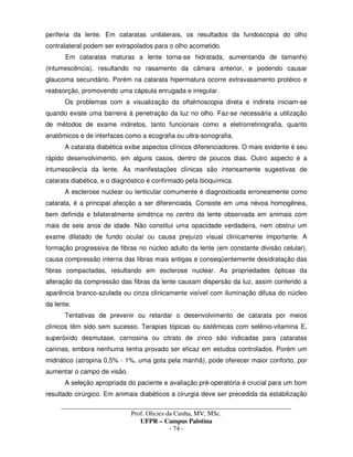 _____________________________________________________________________________________
Prof. Olicies da Cunha, MV, MSc.
UFPR – Campus Palotina
- 74 -
periferia da lente. Em cataratas unilaterais, os resultados da fundoscopia do olho
contralateral podem ser extrapolados para o olho acometido.
Em cataratas maturas a lente torna-se hidratada, aumentanda de tamanho
(intumescência), resultando no rasamento da câmara anterior, e podendo causar
glaucoma secundário. Porém na catarata hipermatura ocorre extravasamento protéico e
reabsorção, promovendo uma cápsula enrugada e irregular.
Os problemas com a visualização da oftalmoscopia direta e indireta iniciam-se
quando existe uma barreira à penetração da luz no olho. Faz-se necessária a utilização
de métodos de exame indiretos, tanto funcionais como a eletrorretinografia, quanto
anatômicos e de interfaces como a ecografia ou ultra-sonografia.
A catarata diabética exibe aspectos clínicos diferenciadores. O mais evidente é seu
rápido desenvolvimento, em alguns casos, dentro de poucos dias. Outro aspecto é a
intumescência da lente. As manifestações clínicas são intensamente sugestivas de
catarata diabética, e o diagnóstico é confirmado pela bioquímica.
A esclerose nuclear ou lenticular comumente é diagnosticada erroneamente como
catarata, é a principal afecção a ser diferenciada. Consiste em uma névoa homogênea,
bem definida e bilateralmente simétrica no centro da lente observada em animais com
mais de seis anos de idade. Não constitui uma opacidade verdadeira, nem obstrui um
exame dilatado de fundo ocular ou causa prejuízo visual clinicamente importante. A
formação progressiva de fibras no núcleo adulto da lente (em constante divisão celular),
causa compressão interna das fibras mais antigas e conseqüentemente desidratação das
fibras compactadas, resultando em esclerose nuclear. As propriedades ópticas da
alteração da compressão das fibras da lente causam dispersão da luz, assim conferido a
aparência branco-azulada ou cinza clinicamente visível com iluminação difusa do núcleo
da lente.
Tentativas de prevenir ou retardar o desenvolvimento de catarata por meios
clínicos têm sido sem sucesso. Terapias tópicas ou sistêmicas com selênio-vitamina E,
superóxido desmutase, carnosina ou citrato de zinco são indicadas para cataratas
caninas, embora nenhuma tenha provado ser eficaz em estudos controlados. Porém um
midriático (atropina 0,5% - 1%, uma gota pela manhã), pode oferecer maior conforto, por
aumentar o campo de visão.
A seleção apropriada do paciente e avaliação pré-operatória é crucial para um bom
resultado cirúrgico. Em animais diabéticos a cirurgia deve ser precedida da estabilização
 