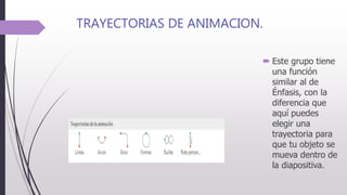 TRAYECTORIAS DE ANIMACION.
 Este grupo tiene
una función
similar al de
Énfasis, con la
diferencia que
aquí puedes
elegir una
trayectoria para
que tu objeto se
mueva dentro de
la diapositiva.
 