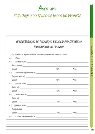 ANEXO XVIII
ATUALIZAÇÃO DO BANCO DE DADOS DO PRONERA

CARACTERIZAÇÃO DA PRODUÇÃO BIBLIOGRÁFICA/ARTÍSTICA/

1) Foi produzido algum material didático para ser utilizado no curso?
a. (

) Não

b. (

) Vídeo título: __________________________________________________________

	

Produtor(a): ______________________________________________________________

	

Local: ____________________________________ UF:____________ Ano:___________

c. (

) cartilhas/ apostila título: _________________________________________________

	

Organizador(a): ___________________________________________________________

	

MANUAL DO PRONERA

TECNOLÓGICA DO PRONERA

Local: ____________________________________ UF:____________ Ano:___________

d. (
	

) textos título: __________________________________________________________

Autor(a): ________________________________________________________________
Local: ____________________________________ UF:____________ Ano:___________

e. (
	

) música título:__________________________________________________________

Autor(a): ________________________________________________________________
Local: ____________________________________ UF:____________ Ano:___________

f. (
	

) poesia título: __________________________________________________________
Produtor(a): ______________________________________________________________
Local: ____________________________________ UF:____________ Ano:___________

g. ( ) outros, descrever local: _________________________________________________
_____________________________________________________________________________
_____________________________________________________________________________
_____________________________________________________________________________
_____________________________________________________________________________
103

 