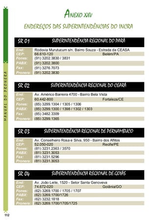 ANEXO XXV

MANUAL DO PRONERA

ENDEREÇOS DAS SUPERINTENDÊNCIAS DO INCRA

112

 