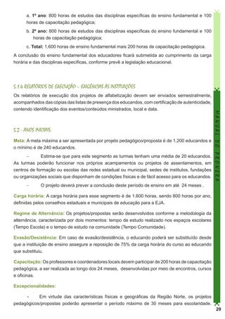 a. 1º ano: 800 horas de estudos das disciplinas específicas do ensino fundamental e 100
horas de capacitação pedagógica;
b. 2º ano: 800 horas de estudos das disciplinas específicas do ensino fundamental e 100
horas de capacitação pedagógica;
c. Total: 1.600 horas de ensino fundamental mais 200 horas de capacitação pedagógica.
A conclusão do ensino fundamental dos educadores ficará submetida ao cumprimento da carga
horária e das disciplinas específicas, conforme prevê a legislação educacional.

5.1.4 RELATÓRIOS DE EXECUÇÃO – EXIGÊNCIAS ÀS INSTITUIÇÕES

5.2 - ANOS INICIAIS:
Meta: A meta máxima a ser apresentada por projeto pedagógico/proposta é de 1.200 educandos e
o mínimo é de 240 educandos.
−	
Estima-se que para este segmento as turmas tenham uma média de 20 educandos.
As turmas poderão funcionar nos próprios acampamentos ou projetos de assentamentos, em
centros de formação ou escolas das redes estadual ou municipal, sedes de institutos, fundações
ou organizações sociais que disponham de condições físicas e de fácil acesso para os educandos.
−	

MANUAL DO PRONERA

Os relatórios de execução dos projetos de alfabetização devem ser enviados semestralmente,
acompanhados das cópias das listas de presença dos educandos, com certificação de autenticidade,
contendo identificação dos eventos/conteúdos ministrados, local e data.

O projeto deverá prever a conclusão deste período de ensino em até 24 meses .

Carga horária: A carga horária para esse segmento é de 1.600 horas, sendo 800 horas por ano,
definidas pelos conselhos estaduais e municipais de educação para a EJA.
Regime de Alternância: Os projetos/propostas serão desenvolvidos conforme a metodologia da
alternância, caracterizada por dois momentos: tempo de estudo realizado nos espaços escolares
(Tempo Escola) e o tempo de estudo na comunidade (Tempo Comunidade).
Evasão/Desistência: Em caso de evasão/desistência, o educando poderá ser substituído desde
que a instituição de ensino assegure a reposição de 75% da carga horária do curso ao educando
que substituiu.
Capacitação: Os professores e coordenadores locais devem participar de 200 horas de capacitação
pedagógica, a ser realizada ao longo dos 24 meses, desenvolvidas por meio de encontros, cursos
e oficinas.
Excepcionalidades:
	
Em virtude das características físicas e geográficas da Região Norte, os projetos
pedagógicos/propostas poderão apresentar o período máximo de 30 meses para escolaridade.

29

 