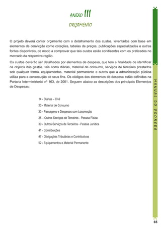 ANEXO

III

ORÇAMENTO
O projeto deverá conter orçamento com o detalhamento dos custos, levantados com base em
elementos de convicção como cotações, tabelas de preços, publicações especializadas e outras
fontes disponíveis, de modo a comprovar que tais custos estão condizentes com os praticados no
mercado da respectiva região.

14 - Diárias – Civil
30 - Material de Consumo
33 - Passagens e Despesas com Locomoção
36 – Outros Serviços de Terceiros - Pessoa Física
39 - Outros Serviços de Terceiros - Pessoa Jurídica
41 - Contribuições

MANUAL DO PRONERA

Os custos deverão ser detalhados por elementos de despesa, que tem a finalidade de identificar
os objetos dos gastos, tais como diárias, material de consumo, serviços de terceiros prestados
sob qualquer forma, equipamentos, material permanente e outros que a administração pública
utiliza para a consecução de seus fins. Os códigos dos elementos de despesa estão definidos na
Portaria Interministerial nº 163, de 2001. Seguem abaixo as descrições dos principais Elementos
de Despesas:

47 - Obrigações Tributárias e Contributivas
52 - Equipamentos e Material Permanente

65

 