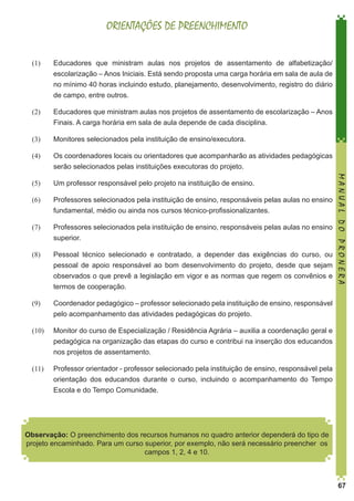 ORIENTAÇÕES DE PREENCHIMENTO
Educadores que ministram aulas nos projetos de assentamento de alfabetização/
escolarização – Anos Iniciais. Está sendo proposta uma carga horária em sala de aula de
no mínimo 40 horas incluindo estudo, planejamento, desenvolvimento, registro do diário
de campo, entre outros.

(2)	

Educadores que ministram aulas nos projetos de assentamento de escolarização – Anos
Finais. A carga horária em sala de aula depende de cada disciplina.

(3)	

Monitores selecionados pela instituição de ensino/executora.

(4)	

Os coordenadores locais ou orientadores que acompanharão as atividades pedagógicas
serão selecionados pelas instituições executoras do projeto.

(5)	

Um professor responsável pelo projeto na instituição de ensino.

(6)	

Professores selecionados pela instituição de ensino, responsáveis pelas aulas no ensino
fundamental, médio ou ainda nos cursos técnico-profissionalizantes.

(7)	

Professores selecionados pela instituição de ensino, responsáveis pelas aulas no ensino
superior.

(8)	

Pessoal técnico selecionado e contratado, a depender das exigências do curso, ou
pessoal de apoio responsável ao bom desenvolvimento do projeto, desde que sejam
observados o que prevê a legislação em vigor e as normas que regem os convênios e
termos de cooperação.

(9)	

Coordenador pedagógico – professor selecionado pela instituição de ensino, responsável
pelo acompanhamento das atividades pedagógicas do projeto.

(10)	

Monitor do curso de Especialização / Residência Agrária – auxilia a coordenação geral e
pedagógica na organização das etapas do curso e contribui na inserção dos educandos
nos projetos de assentamento.

(11)	

Professor orientador - professor selecionado pela instituição de ensino, responsável pela
orientação dos educandos durante o curso, incluindo o acompanhamento do Tempo
Escola e do Tempo Comunidade.

MANUAL DO PRONERA

(1)	

Observação: O preenchimento dos recursos humanos no quadro anterior dependerá do tipo de
projeto encaminhado. Para um curso superior, por exemplo, não será necessário preencher os
campos 1, 2, 4 e 10.

67

 
