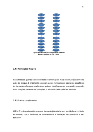 67
2.4.5 Formações de apoio
São utilizadas quando há necessidade de emprego de mais de um pelotão em uma
ação de choque. É importante observar que as formações de apoio são adaptáveis
às formações ofensivas e defensivas, pois os pelotões que as executarão assumirão
suas posições conforme as formações já adotadas pelos pelotões apoiados.
2.4.5.1 Apoio complementar
O Pel Chq de apoio adota a mesma formação já adotada pelo pelotão base, à direita
do mesmo, com a finalidade de complementar a formação para aumentar o seu
tamanho.
Figura 18 - Formação completa de presídio
Fonte: arquivo da Cia P Chq
 