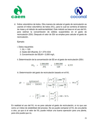 25
d. Índice volumétrico de lodos. Otra manera de calcular el gasto de recirculación es
usando el índice volumétrico de lodos (IVL), para lo cual se combina el balance
de masa y el método de sedimentabilidad. Este método se basa en el uso del IVL
para estimar la concentración de sólidos suspendidos en el gasto de
recirculación (SSr). Después el valor de SSr se emplea para calcular el gasto de
recirculación.
Ejemplo:
i. Datos requeridos
1. IVL = 120
2. Gasto del influente, Q = 274 m3/d
3. Concentración de SSLM = 2,000 mg/L
ii. Determinación de la concentración de SS en el gasto de recirculación (SSr)
iii. Determinación del gasto de recirculación basado en el IVL
En realidad el uso del IVL no es para calcular el gasto de recirculación, si no que usa
como un índice de estabilidad del proceso. No se puede comparar el IVL de una planta
a otra, ya que si el valor de IVL puede indicar una buena operación para una planta,
para otra puede que no.
 
