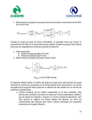 27
 Determinación del gasto de purga tomando como base el incremento de los SSV
de un día a otro.
Cuando la purga se hace de forma intermitente, el operador tiene que revisar la
concentración de SSV en la recirculación para calcular el gasto de purga. Este cálculo
tiene que ser reajustado por el tiempo reducido de desecho:
 Datos requeridos
Gasto de purga ajustado 2.4 m3/d
Período de desecho @ 4 horas
 Determinación del gasto de purga a cada 4 horas
El operador deberá repetir el cálculo del gasto de purga para cada periodo de purga
tomando en cuenta las variaciones en la concentración de la recirculación. Un control
apropiado de la purga de lodos producirá un efluente de alta calidad con un mínimo de
problemas operacionales.
a. Control constante de los sólidos suspendidos en el licor mezclado. Esta
técnica para controlar el proceso es usada por muchos operadores, debido a
que es simple de entender y requiere un mínimo control de laboratorio. Con
esta técnica se obtiene una buena calidad del efluente, en tanto las
características del influente sean más o menos constantes con pequeñas
variaciones en el gasto influente.
 