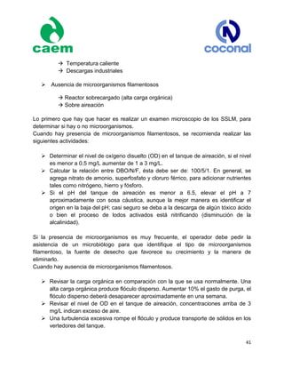 41
 Temperatura caliente
 Descargas industriales
 Ausencia de microorganismos filamentosos
 Reactor sobrecargado (alta carga orgánica)
 Sobre aireación
Lo primero que hay que hacer es realizar un examen microscopio de los SSLM, para
determinar si hay o no microorganismos.
Cuando hay presencia de microorganismos filamentosos, se recomienda realizar las
siguientes actividades:
 Determinar el nivel de oxígeno disuelto (OD) en el tanque de aireación, si el nivel
es menor a 0.5 mg/L aumentar de 1 a 3 mg/L.
 Calcular la relación entre DBO/N/F, ésta debe ser de: 100/5/1. En general, se
agrega nitrato de amonio, superfosfato y cloruro férrico, para adicionar nutrientes
tales como nitrógeno, hierro y fósforo.
 Si el pH del tanque de aireación es menor a 6.5, elevar el pH a 7
aproximadamente con sosa cáustica, aunque la mejor manera es identificar el
origen en la baja del pH; casi seguro se deba a la descarga de algún tóxico ácido
o bien el proceso de lodos activados está nitrificando (disminución de la
alcalinidad).
Si la presencia de microorganismos es muy frecuente, el operador debe pedir la
asistencia de un microbiólogo para que identifique el tipo de microorganismos
filamentoso, la fuente de desecho que favorece su crecimiento y la manera de
eliminarlo.
Cuando hay ausencia de microorganismos filamentosos.
 Revisar la carga orgánica en comparación con la que se usa normalmente. Una
alta carga orgánica produce flóculo disperso. Aumentar 10% el gasto de purga, el
flóculo disperso deberá desaparecer aproximadamente en una semana.
 Revisar el nivel de OD en el tanque de aireación, concentraciones arriba de 3
mg/L indican exceso de aire.
 Una turbulencia excesiva rompe el flóculo y produce transporte de sólidos en los
vertedores del tanque.
 