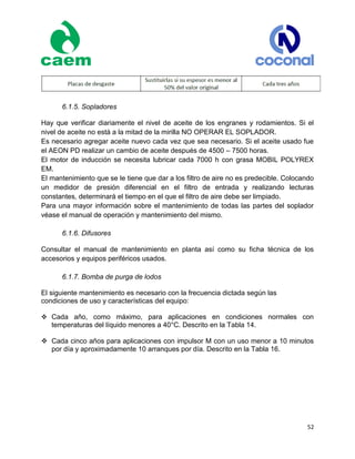 52
6.1.5. Sopladores
Hay que verificar diariamente el nivel de aceite de los engranes y rodamientos. Si el
nivel de aceite no está a la mitad de la mirilla NO OPERAR EL SOPLADOR.
Es necesario agregar aceite nuevo cada vez que sea necesario. Si el aceite usado fue
el AEON PD realizar un cambio de aceite después de 4500 – 7500 horas.
El motor de inducción se necesita lubricar cada 7000 h con grasa MOBIL POLYREX
EM.
El mantenimiento que se le tiene que dar a los filtro de aire no es predecible. Colocando
un medidor de presión diferencial en el filtro de entrada y realizando lecturas
constantes, determinará el tiempo en el que el filtro de aire debe ser limpiado.
Para una mayor información sobre el mantenimiento de todas las partes del soplador
véase el manual de operación y mantenimiento del mismo.
6.1.6. Difusores
Consultar el manual de mantenimiento en planta así como su ficha técnica de los
accesorios y equipos periféricos usados.
6.1.7. Bomba de purga de lodos
El siguiente mantenimiento es necesario con la frecuencia dictada según las
condiciones de uso y características del equipo:
 Cada año, como máximo, para aplicaciones en condiciones normales con
temperaturas del líquido menores a 40°C. Descrito en la Tabla 14.
 Cada cinco años para aplicaciones con impulsor M con un uso menor a 10 minutos
por día y aproximadamente 10 arranques por día. Descrito en la Tabla 16.
 
