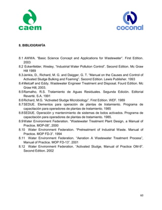 60
8. BIBLIOGRAFÍA
8.1 AWWA. “Basic Science Concept and Applications for Wastewater”. First Edition.
2003
8.2 Eckenfelder, Wesley. “Industrial Water Pollution Control”. Second Edition. Mc Graw
Hill 1989
8.3Jenkis, D., Richard, M. G. and Daigger, G. T. “Manual on the Causes and Control of
Activated Sludge Bulking and Foaming”. Second Edition. Lewis Publisher. 1993
8.4Metcalf and Eddy. Wastewater Engineer Treatment and Disposal. Fourd Edition. Mc
Graw Hill, 2003.
8.5Ramalho, R.S. Tratamiento de Aguas Residuales. Segunda Edición. Editorial
Reverté. S.A. 1991
8.6Richard, M.G. “Activated Sludge Microbiology”. First Edition. WEF. 1989
8.7SEDUE. Elementos para operación de plantas de tratamiento. Programa de
capacitación para operadores de plantas de tratamiento. 1985
8.8SEDUE. Operación y mantenimiento de sistemas de lodos activados. Programa de
capacitación para operadores de plantas de tratamiento. 1985.
8.9Water Environment Federation. “Wastewater Treatment Plant Design, a Manual of
Practice. MOP-08”, 2000
8.10 Water Environment Federation. “Pretreatment of Industrial Waste. Manual of
Practice. MOP FD-3”. 1994
8.11 Water Environment Federation. “Aeration A Wastewater Treatment Process”,
Manual of Practice. MOP FD-13”. 2001
8.12 Water Environment Federation. “Activated Sludge, Manual of Practice OM-9”.
Second Edition. 2002
 