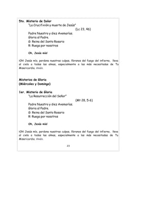 5to. Misterio de Dolor
“La Crucifixión y muerte de Jesús”
(Lc 23, 46)
Padre Nuestro y diez Avemarías.
Gloria al Padre.
G: Reina del Santo Rosario
R: Ruega por nosotros
Oh, Jesús mío!
¡Oh! Jesús mío, perdona nuestras culpas, líbranos del fuego del infierno, lleva
al cielo a todas las almas, especialmente a las más necesitadas de Tu
Misericordia. Amén.
Misterios de Gloria
(Miércoles y Domingo)
1er. Misterio de Gloria
“La Resurrección del Señor”
(Mt 28, 5-6)
Padre Nuestro y diez Avemarías.
Gloria al Padre.
G: Reina del Santo Rosario
R: Ruega por nosotros
Oh, Jesús mío!
¡Oh! Jesús mío, perdona nuestras culpas, líbranos del fuego del infierno, lleva
al cielo a todas las almas, especialmente a las más necesitadas de Tu
Misericordia. Amén.
23
 