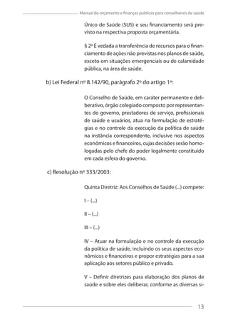13
Manual de orçamento e finanças públicas para conselheiros de saúde
Único de Saúde (SUS) e seu financiamento será pre-
visto na respectiva proposta orçamentária.
§ 2º É vedada a transferência de recursos para o finan-
ciamento de ações não previstas nos planos de saúde,
exceto em situações emergenciais ou de calamidade
pública, na área de saúde.
b) Lei Federal nº 8.142/90, parágrafo 2º do artigo 1º:
O Conselho de Saúde, em caráter permanente e deli-
berativo, órgão colegiado composto por representan-
tes do governo, prestadores de serviço, profissionais
de saúde e usuários, atua na formulação de estraté-
gias e no controle da execução da política de saúde
na instância correspondente, inclusive nos aspectos
econômicos e financeiros, cujas decisões serão homo-
logadas pelo chefe do poder legalmente constituído
em cada esfera do governo.
c) Resolução nº 333/2003:
Quinta Diretriz: Aos Conselhos de Saúde (...) compete:
I – (...)
II – (...)
III – (...)
IV – Atuar na formulação e no controle da execução
da política de saúde, incluindo os seus aspectos eco-
nômicos e financeiros e propor estratégias para a sua
aplicação aos setores público e privado.
V – Definir diretrizes para elaboração dos planos de
saúde e sobre eles deliberar, conforme as diversas si-
13
 