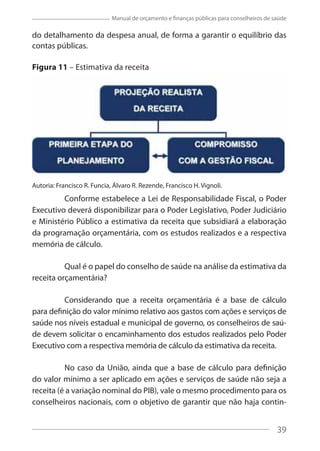 39
Manual de orçamento e finanças públicas para conselheiros de saúde
do detalhamento da despesa anual, de forma a garantir o equilíbrio das
contas públicas.
Figura 11 – Estimativa da receita
Autoria: Francisco R. Funcia, Álvaro R. Rezende, Francisco H. Vignoli.
Conforme estabelece a Lei de Responsabilidade Fiscal, o Poder
Executivo deverá disponibilizar para o Poder Legislativo, Poder Judiciário
e Ministério Público a estimativa da receita que subsidiará a elaboração
da programação orçamentária, com os estudos realizados e a respectiva
memória de cálculo.
Qual é o papel do conselho de saúde na análise da estimativa da
receita orçamentária?
Considerando que a receita orçamentária é a base de cálculo
para definição do valor mínimo relativo aos gastos com ações e serviços de
saúde nos níveis estadual e municipal de governo, os conselheiros de saú-
de devem solicitar o encaminhamento dos estudos realizados pelo Poder
Executivo com a respectiva memória de cálculo da estimativa da receita.
No caso da União, ainda que a base de cálculo para definição
do valor mínimo a ser aplicado em ações e serviços de saúde não seja a
receita (é a variação nominal do PIB), vale o mesmo procedimento para os
conselheiros nacionais, com o objetivo de garantir que não haja contin-
39
 