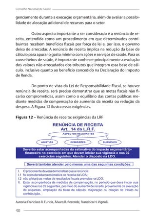 40
Conselho Nacional de Saúde
genciamento durante a execução orçamentária, além de avaliar a possibi-
lidade de alocação adicional de recursos para o setor.
Outro aspecto importante a ser considerado é a renúncia de re-
ceita, entendida como um procedimento em que determinados contri-
buintes recebem benefícios fiscais por força de lei e, por isso, o governo
deixa de arrecadar. A renúncia de receita implica na redução da base de
cálculo para apurar o gasto mínimo com ações e serviços de saúde. Para os
conselheiros de saúde, é importante conhecer principalmente a evolução
dos valores não arrecadados dos tributos que integram essa base de cál-
culo, inclusive quanto ao benefício concedido na Declaração do Imposto
de Renda.
Do ponto de vista da Lei de Responsabilidade Fiscal, se houver
renúncia de receita, será preciso demonstrar que as metas fiscais não fi-
carão comprometidas, assim como o equilíbrio das contas públicas me-
diante medidas de compensação de aumento da receita ou redução da
despesa. A Figura 12 ilustra essas exigências.
Figura 12 – Renúncia de receita: exigências da LRF
Autoria: Francisco R. Funcia, Álvaro R. Rezende, Francisco H. Vignoli.
40
 