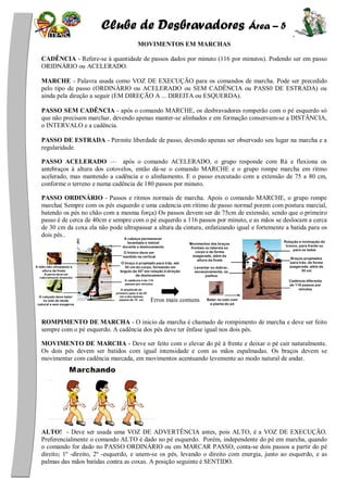 Clube de Desbravadores Área – 5
MOVIMENTOS EM MARCHAS
CADÊNCIA - Refere-se à quantidade de passos dados por minuto (116 por minutos). Podendo ser em passo
ORIDNÁRIO ou ACELERADO.
MARCHE - Palavra usada como VOZ DE EXECUÇÃO para os comandos de marcha. Pode ser precedido
pelo tipo de passo (ORDINÁRIO ou ACELERADO ou SEM CADÊNCIA ou PASS0 DE ESTRADA) ou
ainda pela direção a seguir (EM DIREÇÃO A ... DIREITA ou ESQUERDA).
PASSO SEM CADÊNCIA - após o comando MARCHE, os desbravadores romperão com o pé esquerdo só
que não precisam marchar, devendo apenas manter-se alinhados e em formação conservam-se a DISTÂNCIA,
o INTERVALO e a cadência.
PASSO DE ESTRADA - Permite liberdade de passo, devendo apenas ser observado seu lugar na marcha e a
regularidade.
PASSO ACELERADO — após o comando ACELERADO, o grupo responde com Rá e flexiona os
antebraços à altura dos cotovelos, então dá-se o comando MARCHE e o grupo rompe marcha em ritmo
acelerado, mas mantendo a cadência e o alinhamento. E o passo executado com a extensão de 75 a 80 cm,
conforme o terreno e numa cadência de 180 passos por minuto.
PASSO ORDINÁRIO - Passos e ritmos normais de marcha. Apois o comando MARCHE, o grupo rompe
marcha( Sempre com os pés esquerdo e uma cadencia em ritimo de passo normal porem com postura marcial,
batendo os pés no chão com a mesma força) Os passos devem ser de 75cm de extensão, sendo que o primeiro
passo é de cerca de 40cm e sempre com o pé esquerdo a 116 passos por minuto, e as mãos se deslocam a cerca
de 30 cm da coxa ela não pode ultrapassar a altura da cintura, enfatizando igual e fortemente a batida para os
dois pés..
Erros mais comuns
ROMPIMENTO DE MARCHA - O inicio da marcha é chamado de rompimento de marcha e deve ser feito
sempre com o pé esquerdo. A cadência dos pés deve ter ênfase igual nos dois pés.
MOVIMENTO DE MARCHA - Deve ser feito com o elevar do pé à frente e deixar o pé cair naturalmente.
Os dois pés devem ser batidos com igual intensidade e com as mãos espalmadas. Os braços devem se
movimentar com cadência marcada, em movimentos acentuando levemente ao modo natural de andar.
ALTO! - Deve ser usada uma VOZ DE ADVERTÊNCIA antes, pois ALTO, é a VOZ DE EXECUÇÃO.
Preferencialmente o comando ALTO é dado no pé esquerdo. Porém, independente do pé em marcha, quando
o comando for dado no PASSO ORDINÁRIO ou em MARCAR PASSO, conta-se dois passos a partir do pé
direito; 1º -direito, 2º -esquerdo, e unem-se os pés, levando o direito com energia, junto ao esquerdo, e as
palmas das mãos batidas contra as coxas. A posição seguinte é SENTIDO.
A cabeça permanecer
levantada e imóvel
durante o deslocamento
O tronco deve ser
mantido na vertical
O braço é projetado para trás, até
30 cm do corpo, formando um
ângulo de 45º em relação á direção
de deslocamento
A cadéncia é de 116
passos por minutos
A amplitude do
primeiro paso é de 40
cm e dos demais
passos de 75 cm
A mão não ultrapassa a
altura da fivela
A perna deve ser
naturalmente distendia
O calçado deve bater
no solo de modo
natural e sem exageros
Movimentos dos braços
frontais ou laterais so
corpo e de forma
exagerada, além da
altura da fivela
Levantar ou dobrar,
excessivamente, os
joelhos
Bater no solo com
a planta do pé
Rotação e inclinação do
tronco, para frente ou
para os lados
Braços projetados
para trás, de forma
exagerada, além de
30 cm
Cadéncia diferenta
de 116 passos por
minutos
 