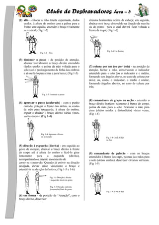 Clube de Desbravadores Área – 5
(2) alto - colocar a mão direita espalmada, dedos
unidos, à altura do ombro com a palma para a
frente; em seguida, estender o braço vivamente
na vertical; (Fig 1-2)
(3) diminuir o passo - da posição de atenção,
abaixar lateralmente o braço direito estendido
(dedos unidos e palma da mão voltada para o
solo) até o prolongamento da linha dos ombros
e aí oscilá-lo para cima e para baixo; (Fig 1-3)
(4) apressar o passo (acelerado) - com o punho
cerrado, polegar à frente dos dedos, as costas
da mão para retaguarda, à altura do ombro,
erguer e abaixar o braço direito várias vezes,
verticalmente; (Fig 1-4)
(5) direção à esquerda (direita) - em seguida ao
gesto de atenção, abaixar o braço direito à frente
do corpo até à altura do ombro e fazê-lo girar
lentamente para a esquerda (direita),
acompanhando o próprio movimento do
corpo na conversão. Quando já estiver na direção
desejada, elevar então vivamente o braço e
estendê-lo na direção definitiva; (Fig 1-5 e 1-6)
(6) em forma - da posição de ―Atenção‖, com o
braço direito, descrever
círculos horizontais acima da cabeça; em seguida,
abaixar este braço distendido na direção da marcha
ou do ponto para o qual deverá ficar voltada a
frente da tropa; (Fig 1-6)
(7) coluna por um (ou por dois) - na posição de
atenção, fechar a mão, conservando o indicador
estendido para o alto (ou o indicador e o médio,
formando um ângulo aberto, no caso de coluna por
dois); ou, ainda, o indicador, o médio e anular,
formando ângulos abertos, no caso de coluna por
três;
(8) comandante de grupo ou seção - estender o
braço direito horizon- talmente à frente do corpo,
palma da mão para o solo; flexionar a mão para
cima (dedos unidos e distendidos) várias vezes;
(Fig 1-8)
(9) comandante de pelotão - com os braços
estendidos à frente do corpo, palmas das mãos para
o solo (dedos unidos), descrever círculos verticais.
(Fig 1-9)
Fig. 1-2 Alto
Fig. 1-3 Diminuir o passo
Fig. 1-6 Em Forma
Fig. 1-4 Apressar o Passo
ou acelerado Fig. 1-8 CmT de Gp
ou Sec
Fig. 1-9. Cmt de Pel
Fig. 1-6 Direção à direita
( esquerda) final do gesto
Fig. 1-5 Direção à direita
( esquerda) inicio do gesto
 