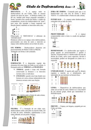 Clube de Desbravadores Área – 5
DISTANCIA — E o espaço entre os
desbravadores de um Clube, onde os mesmo
estarão um atrás do outro. A distância média é de
80 cm, medido pelo braço esquerdo estendido a
frente, tocando com a ponta dos dedos, o ombro do
companheiro, exceto aos desbravadores da ―testa‖,
pois estes irão estender o braço esquerdo em
direção lateral, medindo os intervalos entre eles;
Observação: A ‗DISTANCIA‘ é diferente do
‗INTERVALO‘
Distância refere-se ao espaço entre desbravadores,
posicionados um atrás do outro e intervalo ao
espaço entre desbravadores um ao lado do outro.
EM FORMA - Desbravadores dispostos em
posicionamento de 0rdem Unida ou Marcha.
Alinhados em forma e sob comando;
FORMAÇÃO- É a disposição regular dos
elementos de uma tropa em linha ou em coluna. A
formação pode ser NORMAL ou EMASSADA:
 NORMAL- quando a tropa está formada
conservando as distancia e os intervalos
normais entre os individuos
 EMASSADA- quando uma tropa dispõe seus
homens em varias colunas independentes das
distancia normais entre suas frações.
TESTA - E o desbravador a frente de cada coluna;
FILEIRA - É a formação de um clube cujo,
desbravadores estão colocados na mesma linha, um
ao lado do outro, alinhados, eqüidistantes e com
todos olhando em um ponto à frente;
FORA DE FORMA - Comando para que o (s)
Desbravador (es) saia (m) de forma e deixe
TESTA - E o desbravador a frente de cada coluna;
INTERVALO — E o espaço entre desbravadores
colocados um ao lado do outro.
PROFUNDIDADE — E o espaço
compreendido entre a testa e a cauda em qualquer
formação;
HOMEM-BASE - E o desbravador que regula o
grupo quanto ao posicionamento e quanto à
marcha. O homem-base é o desbravador da testa da
direita do Clube, salvo casos especiais, devido à
necessidade, poderá ser designado ao centro ou a
esquerda.
UNIDADE-BASE- É aquela pela qual as demais
regulam a marcha ou o alinahmento, por
intermédio de seu instrutor ou homem base.
LINHA — Dispositivos de desbravadores que
estão um ao lado do outro. Refere-se à vista lateral
de um mesmo grupo, desde que mantenham os
INTERVAL0S.
FRENTE — Espaço, em largura, ocupado por um
Clube em linha;
 