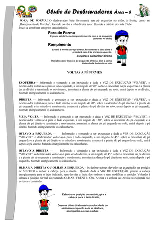 Clube de Desbravadores Área – 5
FORA DE FORMA! O desbravador bate fortemente seu pé esquerdo no chão, à frente, como no
„Rompimento de Marcha‟, levando ou não a mão direita ao ar, ficando a critério de cada Clube.
Pode-se combinar um grito característico.
VOLTAS A PÉ FIRMES
ESQUERDA— Informado o comando a ser executado e dada a V0Z DE EXECUÇÃO ―V0LVER‖, o
desbravador voltar-se-á para o lado esquerdo, a um ângulo de 90°, sobre o calcanhar do pé esquerdo e a planta
do pé direito e terminado o movimento, assentará a planta do pé esquerdo no solo, unirá depois o pé direito,
batendo energicamente os calcanhares.
DIREITA — Informado o comando a ser executado e dada a V0Z DE EXECUÇÃ0 ―V0LVER‖, o
desbravador voltar-se-á para o lado direito, a um ângulo de 90°, sobre o calcanhar do pé direito e a planta do
pé esquerdo e terminado o movimento, assentará a planta do pé direito no solo, unirá depois o pé esquerdo,
batendo energicamente os calcanhares.
MEIA VOLTA — Informado o comando a ser executado e dada a V0Z DE EXECUÇÃ0 ―V0LVER‖, o
desbravador voltar-se-á para o lado esquerdo, a um ângulo de 180°, sobre o calcanhar do pé esquerdo e a
planta do pé direito e terminado o movimento, assentará a planta do pé esquerdo no solo, unirá depois o pé
direito, batendo energicamente os calcanhares.
OITAVO A ESQUERDA — Informado o comando a ser executado e dada a V0Z DE EXECUÇÃ0
―V0LVER‖, o desbravador voltar-se-á para o lado esquerdo, a um ângulo de 45°, sobre o calcanhar do pé
esquerdo e a planta do pé direito e terminado o movimento, assentará a planta do pé esquerdo no solo, unirá
depois o pé direito, batendo energicamente os calcanhares.
OITAVO A DIREITA — Informado o comando a ser executado e dada a V0Z DE EXECUÇÃ0
―V0LVER‖, o desbravador voltar-se-á para o lado direito, a um ângulo de 45°, sobre o calcanhar do pé direito
e a planta do pé esquerdo e terminado o movimento, assentará a planta do pé direito no solo, unirá depois o pé
esquerdo, batendo energicamente os calcanhares.
OLHAR A DIREITA OU OLHAR A ESQUERDA – 0s desbravadores deverão ser exercitados na posição
de SENTID0 a volver a cabeça para a direita. Quando dada a V0Z DE EXECUÇÃ0, girarão a cabeça
energicamente para o lado indicado, sem desviar a linha dos ombros e sem modificar a posição. Voltarão à
cabeça a posição normal ao comando OLHAR! FRENTE! Obs. A testa e a coluna da Direita ou esquerda não
executa o comando.
Fora de Forma
O grupo sai de forma rompendo marcha com o pé esquerdo
(batendo no chão)
Rompimento
Levará à frente o braço direito, flexionando-o para cima e
projetará para trás o braço esquerdo.
Elevará o calcanhar direito
O desbravador levará o pé esquerdo à frente, com a perna
distendiada, batendo no solo
Estando na posição de sentido, gira a
cabeça para o lado direito,
Deve-se olhar diretameste a autoridade ou
símbolo e enquanto este se desloca,
acompanha-se com o olhar.
 