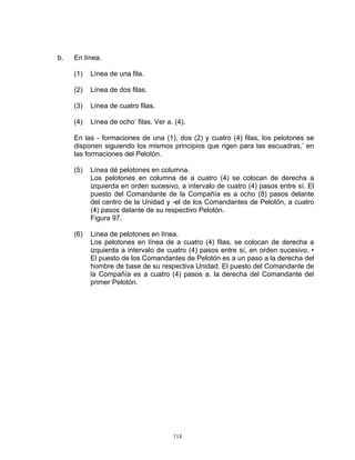 b.   En línea.

     (1)   Línea de una fila.

     (2)   Línea de dos filas.

     (3)   Línea de cuatro filas.

     (4)   Línea de ocho’ filas. Ver a. (4).

     En las - formaciones de una (1), dos (2) y cuatro (4) filas, los pelotones se
     disponen siguiendo los mismos principios que rigen para las escuadras,’ en
     las formaciones del Pelotón.

     (5)   Línea dé pelotones en columna.
           Los pelotones en columna de a cuatro (4) se colocan de derecha a
           izquierda en orden sucesivo, a intervalo de cuatro (4) pasos entre sí. El
           puesto del Comandante de la Compañía es a ocho (8) pasos delante
           del centro de la Unidad y -el de los Comandantes de Pelotón, a cuatro
           (4) pasos delante de su respectivo Pelotón.
           Figura 97.

     (6)   Línea de pelotones en línea.
           Los pelotones en línea de a cuatro (4) filas, se colocan de derecha a
           izquierda a intervalo de cuatro (4) pasos entre sí, en orden sucesivo. •
           El puesto de los Comandantes de Pelotón es a un paso a la derecha del
           hombre de base de su respectiva Unidad. El puesto del Comandante de
           la Compañía es a cuatro (4) pasos a. la derecha del Comandante del
           primer Pelotón.




                                       114
 