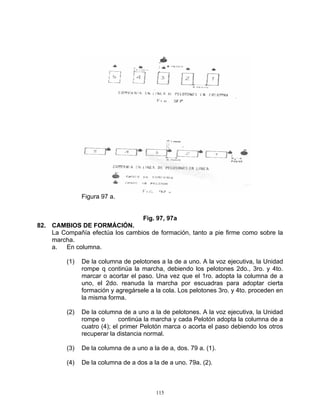 Figura 97 a.


                                 Fig. 97, 97a
82. CAMBIOS DE FORMÁCIÓN.
    La Compañía efectúa los cambios de formación, tanto a pie firme como sobre la
    marcha.
    a.  En columna.

         (1)   De la columna de pelotones a la de a uno. A la voz ejecutiva, la Unidad
               rompe q continúa la marcha, debiendo los pelotones 2do., 3ro. y 4to.
               marcar o acortar el paso. Una vez que el 1ro. adopta la columna de a
               uno, el 2do. reanuda la marcha por escuadras para adoptar cierta
               formación y agregársele a la cola. Los pelotones 3ro. y 4to. proceden en
               la misma forma.

         (2)   De la columna de a uno a la de pelotones. A la voz ejecutiva, la Unidad
               rompe o       continúa la marcha y cada Pelotón adopta la columna de a
               cuatro (4); el primer Pelotón marca o acorta el paso debiendo los otros
               recuperar la distancia normal.

         (3)   De la columna de a uno a la de a, dos. 79 a. (1).

         (4)   De la columna de a dos a la de a uno. 79a. (2).



                                          115
 