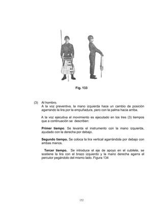 Fig. 133



(3)   Al hombro.
      A la voz preventiva, la mano izquierda hace un cambio de posición
      agarrando la lira por la empuñadura, pero con la palma hacia arriba.

      A la voz ejecutiva el movimiento es ejecutado en los tres (3) tiempos
      que a continuación se describen:

      Primer tiempo. Se levanta el instrumento con la mano izquierda,
      ayudado con la derecha por debajo.

      Segundo tiempo. Se coloca la lira vertical agarrándola por debajo con
      ambas manos.

        Tercer tiempo. Se introduce el eje de apoyo en el cubilete, se
      sostiene la lira con el brazo izquierdo y la mano derecha agarra el
      percutor pegándolo del mismo lado. Figura 134




                               152
 