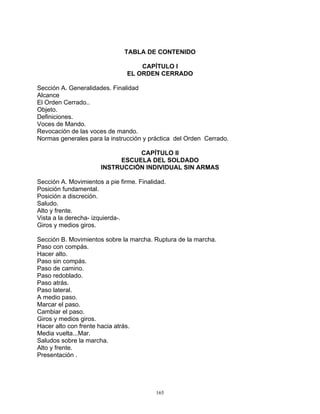 TABLA DE CONTENIDO

                                    CAPÍTULO I
                                EL ORDEN CERRADO

Sección A. Generalidades. Finalidad
Alcance
El Orden Cerrado..
Objeto.
Definiciones.
Voces de Mando.
Revocación de las voces de mando.
Normas generales para la instrucción y práctica del Orden Cerrado.

                                CAPÍTULO II
                           ESCUELA DEL SOLDADO
                      INSTRUCCIÓN INDIVIDUAL SIN ARMAS

Sección A. Movimientos a pie firme. Finalidad.
Posición fundamental.
Posición a discreción.
Saludo.
Alto y frente.
Vista a la derecha- izquierda-.
Giros y medios giros.

Sección B. Movimientos sobre la marcha. Ruptura de la marcha.
Paso con compás.
Hacer alto.
Paso sin compás.
Paso de camino.
Paso redoblado.
Paso atrás.
Paso lateral.
A medio paso.
Marcar el paso.
Cambiar el paso.
Giros y medios giros.
Hacer alto con frente hacia atrás.
Media vuelta...Mar.
Saludos sobre la marcha.
Alto y frente.
Presentación .




                                          165
 