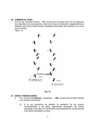 26. CAMBIAR EL PASO.
    A la voz de: Cambien el paso ... Mar, se dan dos (2) pasos más si la voz ejecutiva
    fue impartida en el píe izquierdo y tres (3) si lo fue en el derecho; seguidamente se
    adelanta este último hasta situarlo inmediatamente detrás del izquierdo y se conti-
    núa la marcha.
    Figura 14.




                                        Fig. 14

27. GIROS Y MEDIOS GIROS.
    a.  A la. voz de: A la derecha ---izquierda---... Mar, se gira hacia el lado indicado
        y se continúa marchando.

          (1)   A la voz preventiva se detiene, la oscilación de los brazos,
                manteniéndolos a los lados, ligeramente arqueados, las manos
                separadas unos diez (10) centímetros aproximadamente, de las piernas
                y los dedos extendidos y juntos.


                                           25
 