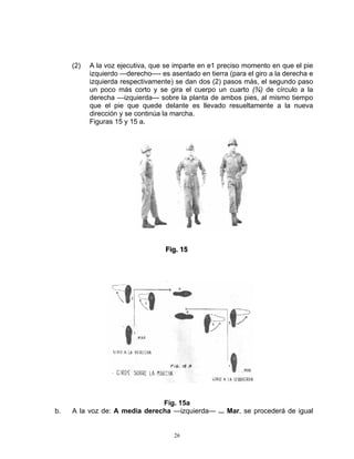 (2)   A la voz ejecutiva, que se imparte en e1 preciso momento en que el pie
           izquierdo —derecho—- es asentado en tierra (para el giro a la derecha e
           izquierda respectivamente) se dan dos (2) pasos más, el segundo paso
           un poco más corto y se gira el cuerpo un cuarto (¾) de círculo a la
           derecha —izquierda--- sobre la planta de ambos pies, al mismo tiempo
           que el pie que quede delante es llevado resueltamente a la nueva
           dirección y se continúa la marcha.
           Figuras 15 y 15 a.




                                  Fiig.. 15
                                  F g 15




                               Fig. 15a
b.   A la voz de: A media derecha —izquierda— ... Mar, se procederá de igual


                                     26
 