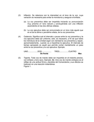 (3)   Inflexión. Se relaciona con la intensidad en el tono de la voz, cuya
      variación es necesaria para evitar la monotonía y asegurar el énfasis.

      (a) La voz preventiva debe ser impartida iniciando su pronunciación
          muy próxima a1 tono natural y concluyéndola con una inflexión
          ascendente en las dos últimas sílabas.

      (b) La voz ejecutiva debe ser pronunciada en un tono más agudo que
          en el de la última o penúltima sílaba, de la voz preventiva.

(4)   Cadencia. Significa qué el intervalo s pausa entre la voz preventiva y la
      voz ejecutiva debe ser uniforme, esto. es necesario, a fin de que todos
      los individuos de la Unidad oigan con claridad la vos preventiva y sepan,
      aproximadamente,. cuando va a impartirse la ejecutiva. El intervalo de
      tiempo apropiado es aquél que permite contar mentalmente un paso
      entre la voz preventiva y la voz ejecutiva. Ejemplo:

      UNO...................DOS...................   TRES..................CUATRO
                              De frente                                             Mar.

(5)   Tajante. Toda voz de mando debe ser impartida en el instante preciso,
      con énfasis y tono seco. Ejemplo: Ar. Una voz de mando enérgica es el
      reflejo de una actitud firme y decidida del Comandante y sus efectos se
      traducen en una reacción instantánea.
      Figura 1.




                                          7
 