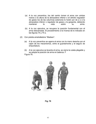 (a) A la voz preventiva, los del centro toman el arma con ambas
          manos a la altura de la abrazadera inferior o el cilindro regulador
          de gases los de las columnas exteriores lo harán por de a o e la
          abrazadera inferior o regulador de gases y la garganta, debiendo
          mantener         la       vista      sobre          su       arma.

      (b) A la voz ejecutiva, se recupera la posición fundamental con el
          arma descansada. El procedimiento a la inversa de lo indicado en
          las figuras 74 y 74 a.

(2)   Con pistola ametralladora “Madsen”.

      (a)   A la voz preventiva se agarra el arma con la mano derecha por el
            cajón de los mecanismos, entre el guardamonte y el seguro de
            empuñadura.

      (b)  A la voz ejecutiva se levanta el arma, se cierra la culata plegable y
           se adopta la posición de arma en balanza. F
      Figura 76.




                               Fig. 76




                                 83
 