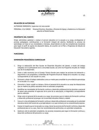 15



RELACIÓN DE AUTORIDAD
AUTORIDAD INMEDIATA: Supervisor de zona escolar
PERSONAL A SU CARGO:            Personal Directivo, Docentes y Personal de Apoyo y Asistencia a la Educación
                                     adscrito al Plantel Escolar.


PROPÓSITO DEL PUESTO
Dirigir, administrar, gestionar y evaluar el servicio educativo en la escuela a su cargo, privilegiando el
proceso pedagógico, contribuyendo a la formación integral del alumno, facilitando su proceso de
aprendizaje con base en sus necesidades e intereses, desarrollando en este las competencias necesarias
para lograr el perfil de egreso de educación básica, de acuerdo con el Plan y Programas de Estudio de
Educación Secundaria vigentes.


FUNCIONES:


DIMENSIÓN PEDAGÓGICA CURRICULAR


1.   Dirigir la elaboración del Plan Escolar de Desarrollo Educativo del plantel, a través del trabajo
     colegiado con la participación de la comunidad escolar, así como los Programas Anuales de Trabajo
     que de él se desprendan.
2.   Llevar a cabo reuniones con el Consejo Técnico Escolar para realizar las acciones de evaluación y
     seguimiento a los propósitos y contenidos del Programa Anual de Trabajo de la escuela a su cargo,
     correspondiente al ciclo escolar en curso.
3.   Promover y dirigir el trabajo colaborativo como un medio para consolidar la comunidad de aprendizaje
     en la escuela a su cargo.
4.   Comunicar y hacer cumplir en tiempo y forma al personal de la escuela a su cargo las disposiciones
     que en materia de política educativa emita la autoridad competente.
5.   Identificar las necesidades de formación continua y desarrollo profesional de los docentes y personal
     de apoyo para presentar al supervisor de la zona de su adscripción, el diagnóstico correspondiente
     para su atención.
6.   Dirigir entre el personal de la escuela a su cargo, las acciones que en materia de formación continua
     y desarrollo profesional provengan de la autoridad educativa federal y estatal.
7.   Concurrir a las actividades de formación continua y desarrollo profesional convocadas por la autoridad
     educativa dentro del horario de su jornada laboral, o en caso contrario con su consentimiento expreso.
8.   Evaluar el impacto que en la escuela a su cargo, tienen las acciones de formación continúa y desarrollo
     profesional para en su caso, hacer las recomendaciones pertinentes a la autoridad competente.
9.   Gestionar ante la autoridad competente, las acciones necesarias para lograr la formación continua y
     desarrollo profesional del personal a su cargo.




                  S á b a d o   9   d e   a b r i l   d e   2 0 1 1 .   N ú m e r o   2 6 .   S e c c i ó n   I V
 