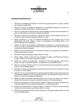 17



DIMENSIÓN ADMINISTRATIVA


1.    Identificar las necesidades de ampliación e incremento de grupos del plantel a su cargo y remitirlas
      a la autoridad correspondiente.
2.    Informar al personal del plantel las disposiciones y procedimientos vigentes que regulen sus
      actividades en materia administrativa y verificar su aplicación.
3.    Informar a la autoridad correspondiente sobre las necesidades de recursos humanos del plantel a su
      cargo, de conformidad con la estructura ocupacional autorizada.
4.    Administrar e informar ante la instancia correspondiente, sobre los retardos, faltas y licencias, con o
      sin goce de sueldo, del personal asignado al plantel a su cargo.
5.    Asignar al personal a su cargo las comisiones específicas que sean necesarias para el buen
      funcionamiento del plantel, siempre y cuando no contravengan la normatividad vigente, ni los
      derechos laborales de los trabajadores.
6.    Gestionar con base en las necesidades manifestadas por los docentes y el personal de apoyo de la
      escuela a su cargo, los requerimientos de libros de texto, materiales de oficina y bienes de activo fijo
      y presentarlos a donde corresponda.
7.    Realizar las acciones necesarias para la conservación del edificio, las instalaciones, los materiales y
      el equipo de la escuela a su cargo.
8.    Administrar el activo fijo asignado al plantel escolar a su cargo.
9.    Planear, validar y controlar el desarrollo de las actividades de registro y certificación de la escuela a
      su cargo, conforme a las normas y lineamientos vigentes.
10. Verificar que el proceso de otorgamiento y seguimiento de las becas asignadas a alumnos de la
    escuela a su cargo, se desarrolle conforme a lo establecido en la normatividad vigente.
11. Informar a los padres de familia o tutores de la evaluación del logro del aprendizaje de los alumnos,
    conforme a la normatividad vigente.
12. Administrar los exámenes extraordinarios de regularización de los alumnos de la escuela a su cargo,
    de acuerdo a la norma vigente.
13. Vigilar que los recursos provenientes de los programas gubernamentales de apoyo a la educación, de
    los organismos colegiados o de las áreas escolares internas, sean aplicados de acuerdo a la norma
    vigente y se informe a la autoridad correspondiente.
14. Recabar y analizar la información estadística generada por la escuela a su cargo, con el objeto de
    utilizarla para la planeación educativa y reportarla de acuerdo a la normatividad vigente.
15. Coordinar el procedimiento de conformación del expediente integral de cada alumno del plantel, para
    el adecuado seguimiento de los asuntos relacionados con su desarrollo educativo.
16. Coordinar el procedimiento de la integración registro y certificación y archivo de la documentación
    resultante del servicio educativo que presta el plantel a su cargo.
17.   Desarrollar las demás funciones que le sean conferidas por su autoridad inmediata superior con base
      en la normatividad vigente.




                   S á b a d o   9   d e   a b r i l   d e   2 0 1 1 .   N ú m e r o   2 6 .   S e c c i ó n   I V
 