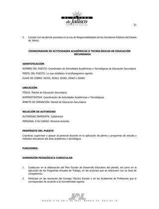 31



5.   Cumplir con las demás previstas en la Ley de Responsabilidades de los Servidores Públicos del Estado
     de Jalisco.



     COORDINADOR DE ACTIVIDADES ACADÉMICAS O TECNOLÓGICAS DE EDUCACIÓN
                                  SECUNDARIA


IDENTIFICACIÓN
NOMBRE DEL PUESTO: Coordinador de Actividades Académicas o Tecnológicas de Educación Secundaria
PERFIL DEL PUESTO: Lo que establece el profesiograma vigente.
CLAVE DE COBRO: E0355, E0363, E0365, E0463 o E0465


UBICACIÓN
FÍSICA: Plantel de Educación Secundaria
ADMINISTRATIVA: Coordinación de Actividades Académicas o Tecnológicas
ÁMBITO DE OPERACIÓN: Plantel de Educación Secundaria


RELACIÓN DE AUTORIDAD
AUTORIDAD INMEDIATA: Subdirector
PERSONAL A SU CARGO: Personal docente.


PROPÓSITO DEL PUESTO
Coordinar, supervisar y apoyar al personal docente en la aplicación de planes y programas de estudio y
métodos educativos del área académica o tecnológica.


FUNCIONES:


DIMENSIÓN PEDAGÓGICA CURRICULAR


1.   Coadyuvar en la elaboración del Plan Escolar de Desarrollo Educativo del plantel, así como en la
     ejecución de los Programas Anuales de Trabajo, en las acciones que se relacionen con su área de
     competencia.
2.   Participar en las reuniones del Consejo Técnico Escolar y en las Academias de Profesores que le
     correspondan de acuerdo a la normatividad vigente.




                 S á b a d o   9   d e   a b r i l   d e   2 0 1 1 .   N ú m e r o   2 6 .   S e c c i ó n   I V
 