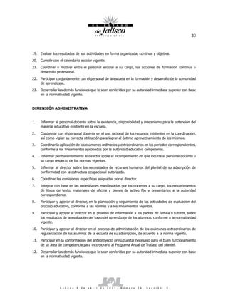 33



19. Evaluar los resultados de sus actividades en forma organizada, continua y objetiva.
20. Cumplir con el calendario escolar vigente.
21. Coordinar y motivar entre el personal escolar a su cargo, las acciones de formación continua y
    desarrollo profesional.
22. Participar conjuntamente con el personal de la escuela en la formación y desarrollo de la comunidad
    de aprendizaje.
23. Desarrollar las demás funciones que le sean conferidas por su autoridad inmediata superior con base
    en la normatividad vigente.


DIMENSIÓN ADMINISTRATIVA


1.   Informar al personal docente sobre la existencia, disponibilidad y mecanismo para la obtención del
     material educativo existente en la escuela.
2.   Coadyuvar con el personal docente en el uso racional de los recursos existentes en la coordinación,
     así como vigilar su correcta utilización para lograr el óptimo aprovechamiento de los mismos.
3.   Coordinar la aplicación de los exámenes ordinarios y extraordinarios en los periodos correspondientes,
     conforme a los lineamientos aprobados por la autoridad educativa competente.
4.   Informar permanentemente al director sobre el incumplimiento en que incurra el personal docente a
     su cargo respecto de las normas vigentes.
5.   Informar al director sobre las necesidades de recursos humanos del plantel de su adscripción de
     conformidad con la estructura ocupacional autorizada.
6.   Coordinar las comisiones específicas asignadas por el director.
7.   Integrar con base en las necesidades manifestadas por los docentes a su cargo, los requerimientos
     de libros de texto, materiales de oficina y bienes de activo fijo y presentarlos a la autoridad
     correspondiente.
8.   Participar y apoyar al director, en la planeación y seguimiento de las actividades de evaluación del
     proceso educativo, conforme a las normas y a los lineamientos vigentes.
9.   Participar y apoyar al director en el proceso de información a los padres de familia o tutores, sobre
     los resultados de la evaluación del logro del aprendizaje de los alumnos, conforme a la normatividad
     vigente.
10. Participar y apoyar al director en el proceso de administración de los exámenes extraordinarios de
    regularización de los alumnos de la escuela de su adscripción, de acuerdo a la norma vigente.
11. Participar en la conformación del anteproyecto presupuestal necesario para el buen funcionamiento
    de su área de competencia para incorporarlo al Programa Anual de Trabajo del plantel.
12. Desarrollar las demás funciones que le sean conferidas por su autoridad inmediata superior con base
    en la normatividad vigente.




                 S á b a d o   9   d e   a b r i l   d e   2 0 1 1 .   N ú m e r o   2 6 .   S e c c i ó n   I V
 