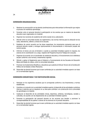 34



DIMENSIÓN ORGANIZACIONAL


1.   Mantener la comunicación con las demás coordinaciones para intercambiar la información que mejore
     el proceso de enseñanza aprendizaje.
2.   Fomentar entre el personal docente la participación en los eventos que en materia de desarrollo
     educativo sean organizados en el plantel.
3.   Organizar las reuniones de academia del centro escolar de su adscripción.
4.   Difundir entre la comunidad escolar, los reglamentos y las normas internas para la utilización de las
     aulas, laboratorios, talleres y anexos de la escuela.
5.   Establecer de común acuerdo con las áreas respectivas, los mecanismos necesarios para que el
     personal docente recabe y entregue oportunamente la documentación e información propias del
     control escolar.
6.   Informar al menos una vez al bimestre o cuando su autoridad inmediata superior lo requiera, los
     avances de la coordinación a su cargo, respecto del Programa Anual de Trabajo de la escuela.
7.   Organizar de acuerdo con el coordinador de asistencia educativa, el funcionamiento de la biblioteca
     escolar conforme a las normas y lineamientos vigentes.
8.   Difundir y aplicar el Reglamento para el Gobierno y Funcionamiento de las Escuelas de Educación
     Básica del Estado de Jalisco, entre la comunidad educativa.
9.   Promover los fundamentos filosóficos y educativos que sustenta el Artículo Tercero de la Constitución
     Política de los Estados Unidos Mexicanos.
10. Desarrollar las demás funciones que le sean conferidas por su autoridad inmediata superior con base
    en la normatividad vigente.


DIMENSIÓN COMUNITARIA Y DE PARTICIPACIÓN SOCIAL


1.   Participar en los organismos escolares que le corresponda conforme a los lineamientos y normas
     establecidas.
2.   Coordinar, en conjunto con su autoridad inmediata superior, el desarrollo de las actividades o prácticas
     internas y externas que se requieran en su área para contribuir a la construcción de la comunidad
     de aprendizaje en el plantel.
3.   Coadyuvar al desarrollo de las actividades cívicas, deportivas, artísticas, tecnológicas, sociales y
     culturales, de acuerdo con las disposiciones de su autoridad inmediata superior.
4.   Fomentar la participación del personal docente en las acciones que tiendan a promover la
     corresponsabilidad de los padres o tutores de los alumnos en el proceso educativo.
5.   Desarrollar las demás funciones que le sean conferidas por su autoridad inmediata superior con base
     en la normatividad vigente.




                  S á b a d o   9   d e   a b r i l   d e   2 0 1 1 .   N ú m e r o   2 6 .   S e c c i ó n   I V
 