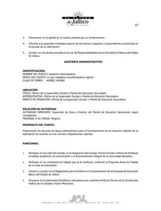 67



3.   Permanecer en el plantel en el horario previsto por su nombramiento.

4.   Informar a la autoridad inmediata superior de los hechos irregulares y trascendentes acontecidos en
     la escuela de su adscripción.

5.   Cumplir con las demás previstas en la Ley de Responsabilidades de los Servidores Públicos del Estado
     de Jalisco.

                                             ASISTENTE ADMINISTRATIVO


IDENTIFICACIÓN
NOMBRE DEL PUESTO: Asistente Administrativo
PERFIL DEL PUESTO: Lo que establece el profesiograma vigente.
CLAVE DE COBRO: A03803, A03804


UBICACIÓN
FÍSICA: Oficina de la Supervisión Escolar o Plantel de Educación Secundaria
ADMINISTRATIVA: Oficina de la Supervisión Escolar o Plantel de Educación Secundaria
ÁMBITO DE OPERACIÓN: Oficina de la Supervisión Escolar o Plantel de Educación Secundaria


RELACIÓN DE AUTORIDAD
AUTORIDAD INMEDIATA: Supervisor de Zona o Director del Plantel de Educación Secundaria, según
corresponda
PERSONAL A SU CARGO: Ninguno

PROPÓSITO DEL PUESTO

Proporcionar los servicios de apoyo administrativo para el funcionamiento de la instancia o plantel de su
adscripción de acuerdo con las normas y disposiciones vigentes.


FUNCIONES:


1.   Participar al inicio del ciclo escolar, en la integración del Consejo Técnico Escolar a efecto de fortalecer
     el trabajo académico, la comunicación y el funcionamiento integral de la comunidad educativa.

2.   Participar en las comisiones de trabajo que se le confieran, conforme al Programa Anual de Trabajo
     de su área de adscripción.

3.   Conocer y cumplir con el Reglamento para el Gobierno y Funcionamiento de las Escuelas de Educación
     Básica del Estado de Jalisco.

4.   Promover los fundamentos filosóficos y educativos que sustenta el Artículo Tercero de la Constitución
     Política de los Estados Unidos Mexicanos.




                  S á b a d o   9   d e   a b r i l   d e   2 0 1 1 .   N ú m e r o   2 6 .   S e c c i ó n   I V
 