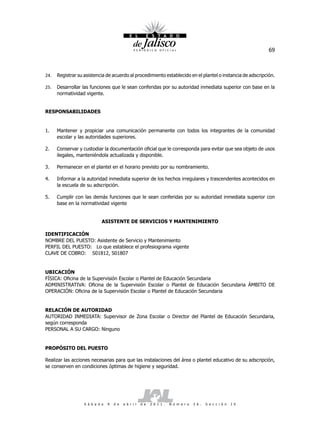 69



24.   Registrar su asistencia de acuerdo al procedimiento establecido en el plantel o instancia de adscripción.

25.   Desarrollar las funciones que le sean conferidas por su autoridad inmediata superior con base en la
      normatividad vigente.


RESPONSABILIDADES


1.    Mantener y propiciar una comunicación permanente con todos los integrantes de la comunidad
      escolar y las autoridades superiores.

2.    Conservar y custodiar la documentación oficial que le corresponda para evitar que sea objeto de usos
      ilegales, manteniéndola actualizada y disponible.

3.    Permanecer en el plantel en el horario previsto por su nombramiento.

4.    Informar a la autoridad inmediata superior de los hechos irregulares y trascendentes acontecidos en
      la escuela de su adscripción.

5.    Cumplir con las demás funciones que le sean conferidas por su autoridad inmediata superior con
      base en la normatividad vigente


                             ASISTENTE DE SERVICIOS Y MANTENIMIENTO

IDENTIFICACIÓN
NOMBRE DEL PUESTO: Asistente de Servicio y Mantenimiento
PERFIL DEL PUESTO: Lo que establece el profesiograma vigente
CLAVE DE COBRO: S01812, S01807


UBICACIÓN
FÍSICA: Oficina de la Supervisión Escolar o Plantel de Educación Secundaria
ADMINISTRATIVA: Oficina de la Supervisión Escolar o Plantel de Educación Secundaria ÁMBITO DE
OPERACIÓN: Oficina de la Supervisión Escolar o Plantel de Educación Secundaria


RELACIÓN DE AUTORIDAD
AUTORIDAD INMEDIATA: Supervisor de Zona Escolar o Director del Plantel de Educación Secundaria,
según corresponda
PERSONAL A SU CARGO: Ninguno


PROPÓSITO DEL PUESTO

Realizar las acciones necesarias para que las instalaciones del área o plantel educativo de su adscripción,
se conserven en condiciones óptimas de higiene y seguridad.




                   S á b a d o   9   d e   a b r i l   d e   2 0 1 1 .   N ú m e r o   2 6 .   S e c c i ó n   I V
 