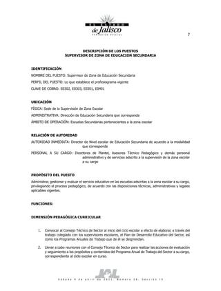 7



                               DESCRIPCIÓN DE LOS PUESTOS
                       SUPERVISOR DE ZONA DE EDUCACION SECUNDARIA


IDENTIFICACIÓN
NOMBRE DEL PUESTO: Supervisor de Zona de Educación Secundaria
PERFIL DEL PUESTO: Lo que establece el profesiograma vigente
CLAVE DE COBRO: E0302, E0303, E0301, E0401


UBICACIÓN
FÍSICA: Sede de la Supervisión de Zona Escolar
ADMINISTRATIVA: Dirección de Educación Secundaria que corresponda
ÁMBITO DE OPERACIÓN: Escuelas Secundarias pertenecientes a la zona escolar


RELACIÓN DE AUTORIDAD
AUTORIDAD INMEDIATA: Director de Nivel escolar de Educación Secundaria de acuerdo a la modalidad
                             que corresponda
PERSONAL A SU CARGO: Directores de Plantel, Asesores Técnico Pedagógico y demás personal
                          administrativo y de servicios adscrito a la supervisión de la zona escolar
                          a su cargo


PROPÓSITO DEL PUESTO
Administrar, gestionar y evaluar el servicio educativo en las escuelas adscritas a la zona escolar a su cargo,
privilegiando el proceso pedagógico, de acuerdo con las disposiciones técnicas, administrativas y legales
aplicables vigentes.


FUNCIONES:


DIMENSIÓN PEDAGÓGICA CURRICULAR


    1.   Convocar al Consejo Técnico de Sector al inicio del ciclo escolar a efecto de elaborar, a través del
         trabajo colegiado con los supervisores escolares, el Plan de Desarrollo Educativo del Sector, así
         como los Programas Anuales de Trabajo que de él se desprendan.

    2.   Llevar a cabo reuniones con el Consejo Técnico de Sector para realizar las acciones de evaluación
         y seguimiento a los propósitos y contenidos del Programa Anual de Trabajo del Sector a su cargo,
         correspondiente al ciclo escolar en curso.




                  S á b a d o   9   d e   a b r i l   d e   2 0 1 1 .   N ú m e r o   2 6 .   S e c c i ó n   I V
 