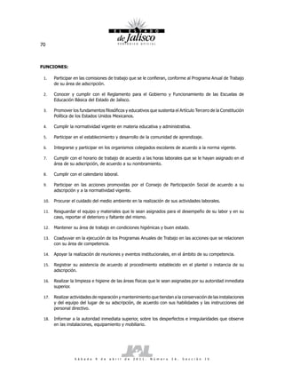 70



FUNCIONES:

 1.    Participar en las comisiones de trabajo que se le confieran, conforme al Programa Anual de Trabajo
       de su área de adscripción.

 2.    Conocer y cumplir con el Reglamento para el Gobierno y Funcionamiento de las Escuelas de
       Educación Básica del Estado de Jalisco.

 3.    Promover los fundamentos filosóficos y educativos que sustenta el Artículo Tercero de la Constitución
       Política de los Estados Unidos Mexicanos.

 4.    Cumplir la normatividad vigente en materia educativa y administrativa.

 5.    Participar en el establecimiento y desarrollo de la comunidad de aprendizaje.

 6.    Integrarse y participar en los organismos colegiados escolares de acuerdo a la norma vigente.

 7.    Cumplir con el horario de trabajo de acuerdo a las horas laborales que se le hayan asignado en el
       área de su adscripción, de acuerdo a su nombramiento.

 8.    Cumplir con el calendario laboral.

 9.    Participar en las acciones promovidas por el Consejo de Participación Social de acuerdo a su
       adscripción y a la normatividad vigente.

 10.   Procurar el cuidado del medio ambiente en la realización de sus actividades laborales.

 11.   Resguardar el equipo y materiales que le sean asignados para el desempeño de su labor y en su
       caso, reportar el deterioro y faltante del mismo.

 12.   Mantener su área de trabajo en condiciones higiénicas y buen estado.

 13.   Coadyuvar en la ejecución de los Programas Anuales de Trabajo en las acciones que se relacionen
       con su área de competencia.

 14.   Apoyar la realización de reuniones y eventos institucionales, en el ámbito de su competencia.

 15.   Registrar su asistencia de acuerdo al procedimiento establecido en el plantel o instancia de su
       adscripción.

 16.   Realizar la limpieza e higiene de las áreas físicas que le sean asignadas por su autoridad inmediata
       superior.

 17.   Realizar actividades de reparación y mantenimiento que tiendan a la conservación de las instalaciones
       y del equipo del lugar de su adscripción, de acuerdo con sus habilidades y las instrucciones del
       personal directivo.

 18.   Informar a la autoridad inmediata superior, sobre los desperfectos e irregularidades que observe
       en las instalaciones, equipamiento y mobiliario.




                  S á b a d o   9   d e   a b r i l   d e   2 0 1 1 .   N ú m e r o   2 6 .   S e c c i ó n   I V
 