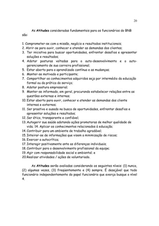 20


       As Atitudes consideradas fundamentais para os funcionários do BNB
são:

1. Comprometer-se com a missão, negócio e resultados institucionais;
2. Abrir-se para ouvir, conhecer e atender as demandas dos clientes;
3. Ter iniciativa para buscar oportunidades, enfrentar desafios e apresentar
    soluções e resultados;
4. Adotar posturas voltadas para o auto-desenvolvimento e o auto-
    gerenciamento de sua carreira profissional;
5. Estar aberto para o aprendizado contínuo e as mudanças;
6. Manter-se motivado e participante;
7. Compartilhar os conhecimentos adquiridos seja por intermédio da educação
    formal ou da prática do serviço;
8. Adotar postura empresarial;
9. Manter-se informado, em geral, procurando estabelecer relações entre as
    questões externas e internas;
10. Estar aberto para ouvir, conhecer e atender as demandas dos cliente
    internos e externos;
11. Ser proativo e ousado na busca de oportunidades, enfrentar desafios e
    apresentar soluções e resultados;
12. Ser ético, transparente e confiável;
13. Autogerir sua saúde adotando ações promotoras de melhor qualidade de
    vida; 14. Aplicar os conhecimentos relacionados à educação;
14. Contribuir para um ambiente de trabalho agradável;
15. Inteirar-se de informações que visem a minimização de riscos;
16. Exercer a autocrítica;
17. Interagir positivamente ante as diferenças individuais;
18. Contribuir para o desenvolvimento profissional da equipe;
19. Agir com responsabilidade social e ambiental; e
20. Realizar atividades / ações de voluntariado.

       As Atitudes serão avaliadas considerando os seguintes níveis: (1) nunca,
(2) algumas vezes, (3) freqüentemente e (4) sempre. É desejável que todo
funcionário independentemente do papel funcionário que exerça busque o nível
4.
 