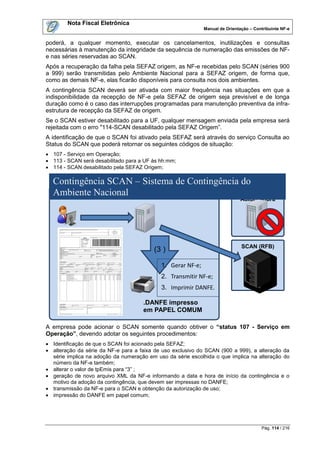 Nota Fiscal Eletrônica
                                                             Manual de Orientação – Contribuinte NF-e


poderá, a qualquer momento, executar os cancelamentos, inutilizações e consultas
necessárias à manutenção da integridade da sequência de numeração das emissões de NF-
e nas séries reservadas ao SCAN.
Após a recuperação da falha pela SEFAZ origem, as NF-e recebidas pelo SCAN (séries 900
a 999) serão transmitidas pelo Ambiente Nacional para a SEFAZ origem, de forma que,
como as demais NF-e, elas ficarão disponíveis para consulta nos dois ambientes.
A contingência SCAN deverá ser ativada com maior frequência nas situações em que a
indisponibilidade da recepção de NF-e pela SEFAZ de origem seja previsível e de longa
duração como é o caso das interrupções programadas para manutenção preventiva da infra-
estrutura de recepção da SEFAZ de origem.
Se o SCAN estiver desabilitado para a UF, qualquer mensagem enviada pela empresa será
rejeitada com o erro "114-SCAN desabilitado pela SEFAZ Origem”.
A identificação de que o SCAN foi ativado pela SEFAZ será através do serviço Consulta ao
Status do SCAN que poderá retornar os seguintes códigos de situação:
 107 - Serviço em Operação;
 113 - SCAN será desabilitado para a UF às hh:mm;
 114 - SCAN desabilitado pela SEFAZ Origem;

  Contingência SCAN – Sistema de Contingência do
  Ambiente Nacional
                Contribuinte                    SEFAZ
                                                                              Autorizadora




                                                                              SCAN (RFB)
                                         (3 )

                                            1. Gerar NF-e;
                                            2. Transmitir NF-e;
                                            3. Imprimir DANFE.

                                     .DANFE impresso
                                     em PAPEL COMUM

A empresa pode acionar o SCAN somente quando obtiver o “status 107 - Serviço em
Operação”, devendo adotar os seguintes procedimentos:
 Identificação de que o SCAN foi acionado pela SEFAZ;
 alteração da série da NF-e para a faixa de uso exclusivo do SCAN (900 a 999), a alteração da
  série implica na adoção da numeração em uso da série escolhida o que implica na alteração do
  número da NF-e também;
 alterar o valor de tpEmis para “3” ;
 geração de novo arquivo XML da NF-e informando a data e hora de início da contingência e o
  motivo da adoção da contingência, que devem ser impressas no DANFE;
 transmissão da NF-e para o SCAN e obtenção da autorização de uso;
 impressão do DANFE em papel comum;




                                                                                       Pág. 114 / 216
 