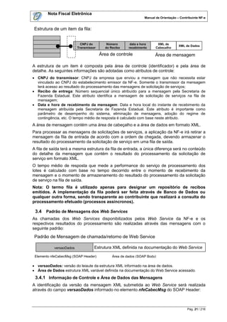 Nota Fiscal Eletrônica
                                                                Manual de Orientação – Contribuinte NF-e


Estrutura de um item da fila:


                           CNPJ do        Número       data e hora      XML de
                                                                                      XML de Dados
                         Transmissor     do Recibo    recebimento      Cabeçalho

                                       Área de controle                Área de mensagem

A estrutura de um item é composta pela área de controle (identificador) e pela área de
detalhe. As seguintes informações são adotadas como atributos de controle:
 CNPJ do transmissor: CNPJ da empresa que enviou a mensagem que não necessita estar
  vinculado ao CNPJ do estabelecimento emissor da NF-e. Somente o transmissor da mensagem
  terá acesso ao resultado do processamento das mensagens de solicitação de serviços;
 Recibo de entrega: Número sequencial único atribuído para a mensagem pela Secretaria de
  Fazenda Estadual. Este atributo identifica a mensagem de solicitação de serviços na fila de
  mensagem;
 Data e hora de recebimento da mensagem: Data e hora local do instante de recebimento da
  mensagem atribuída pela Secretaria de Fazenda Estadual. Este atributo é importante como
  parâmetro de desempenho do sistema, eliminação de mensagens, adoção do regime de
  contingência, etc. O tempo médio de resposta é calculado com base neste atributo.
A área de mensagem contém uma área de cabeçalho e a área de dados em formato XML.
Para processar as mensagens de solicitações de serviços, a aplicação da NF-e irá retirar a
mensagem da fila de entrada de acordo com a ordem de chegada, devendo armazenar o
resultado do processamento da solicitação de serviço em uma fila de saída.
A fila de saída terá a mesma estrutura da fila de entrada, a única diferença será no conteúdo
do detalhe da mensagem que contém o resultado do processamento da solicitação de
serviço em formato XML.
O tempo médio de resposta que mede a performance do serviço de processamento dos
lotes é calculado com base no tempo decorrido entre o momento de recebimento da
mensagem e o momento de armazenamento do resultado do processamento da solicitação
de serviço na fila de saída.
Nota: O termo fila é utilizado apenas para designar um repositório de recibos
emitidos. A implementação da fila poderá ser feita através de Banco de Dados ou
qualquer outra forma, sendo transparente ao contribuinte que realizará a consulta do
processamento efetuado (processos assíncronos).

 3.4   Padrão de Mensagens dos Web Services
As chamadas dos Web Services disponibilizados pelos Web Service da NF-e e os
respectivos resultados do processamento são realizadas através das mensagens com o
seguinte padrão:

 Padrão de Mensagem de chamada/retorno de Web Service

           versaoDados             Estrutura XML definida na documentação do Web Service

 Elemento nfeCabecMsg (SOAP Header)          Área de dados (SOAP Body)

 versaoDados: versão do leiaute da estrutura XML informado na área de dados.
 Área de Dados estrutura XML variável definida na documentação do Web Service acessado.
 3.4.1 Informação de Controle e Área de Dados das Mensagens
A identificação da versão da mensagem XML submetida ao Web Service será realizada
através do campo versaoDados informado no elemento nfeCabecMsg do SOAP Header:



                                                                                            Pág. 21 / 216
 